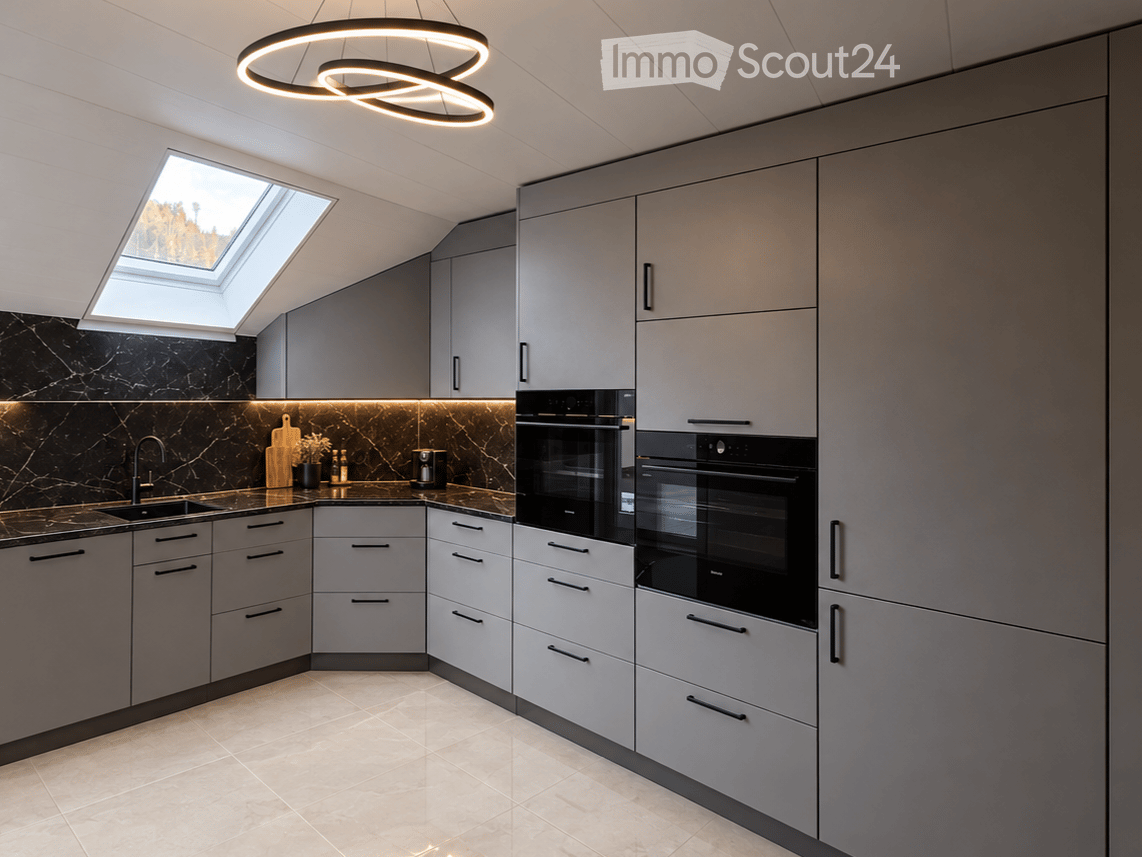 Modern kitchen with grey cabinets, black marble backsplash, and built-in ovens. Features a circular light fixture, a skylight, and a sink with a faucet.