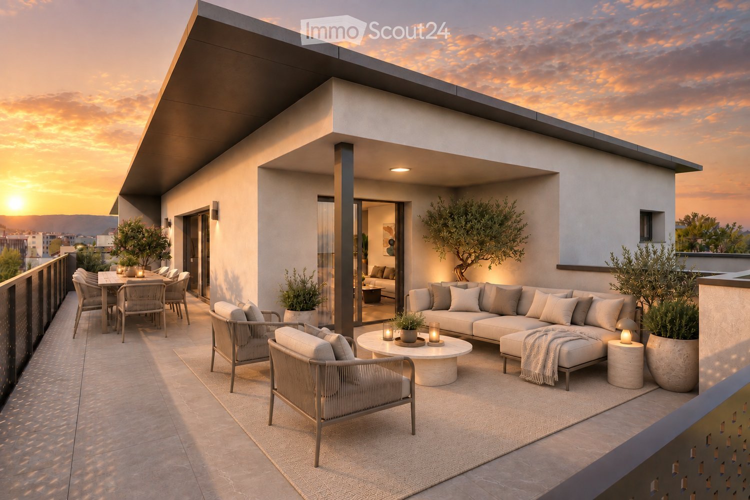 Modern rooftop terrace with a sectional sofa, coffee table, dining area, and potted plants, overlooking a cityscape at sunset.