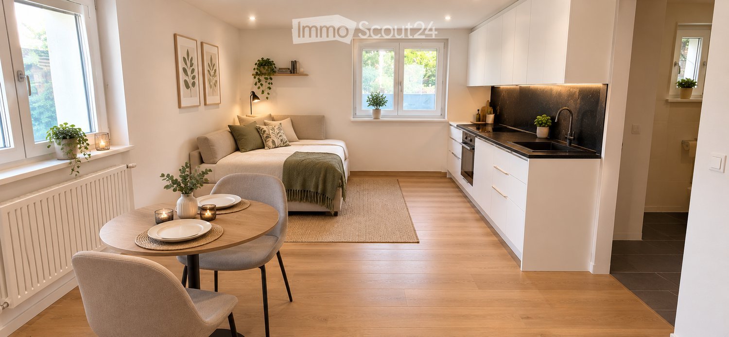 A modern, compact living space with a sofa, dining table, chairs, and a small kitchen area featuring white cabinets, a sink, and an oven. The room includes decorative elements like candles, picture frames, and potted plants.