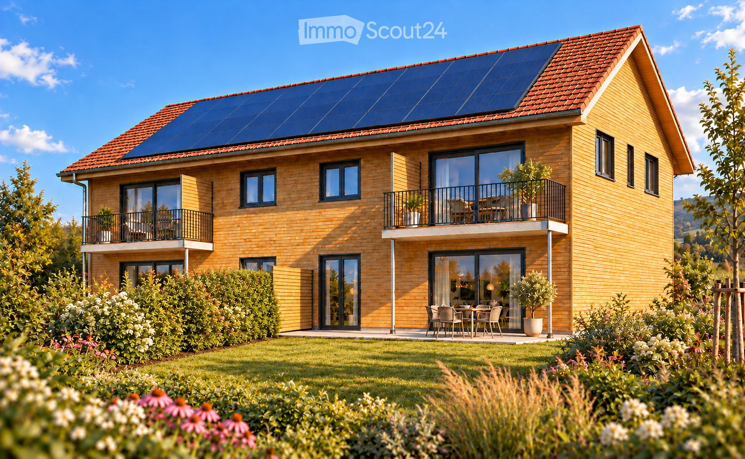 Modern two-story house with solar panels on the roof, large windows, balconies, and a well-maintained garden.