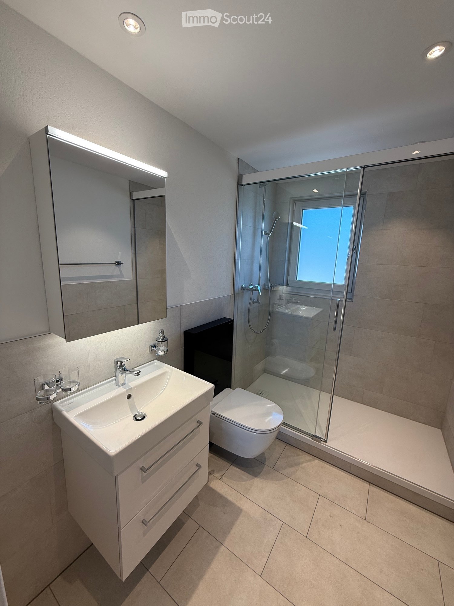 Modern bathroom with a white sink, mirror, toilet, and glass-enclosed shower. Features a sleek design with built-in storage and a window providing natural light.