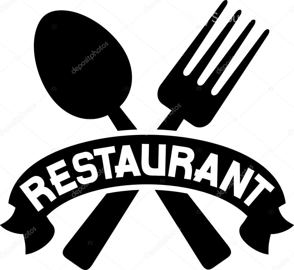 A black and white logo featuring a spoon and fork crossed over a banner that reads "RESTAURANT".