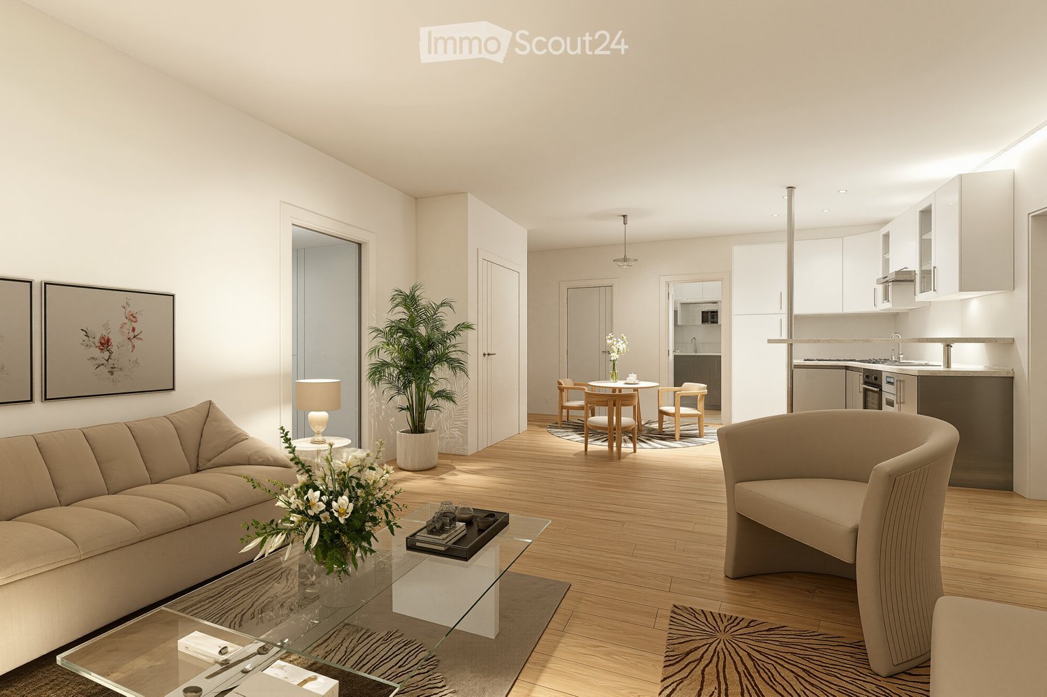 living room with couch, coffee table, armchair, dining area with table and chairs, kitchen with appliances