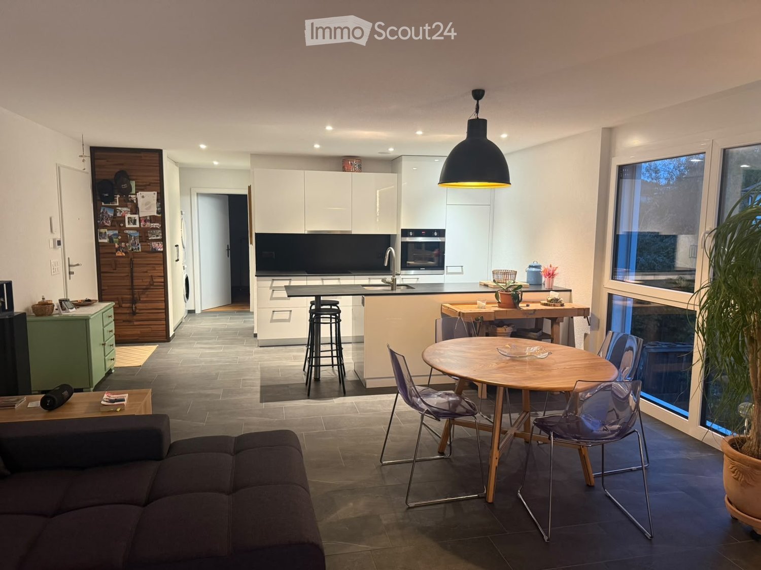 Open-plan living and dining area with a sofa, coffee table, dining table with chairs, kitchen area with cabinets, sink, oven, and a plant in the corner.