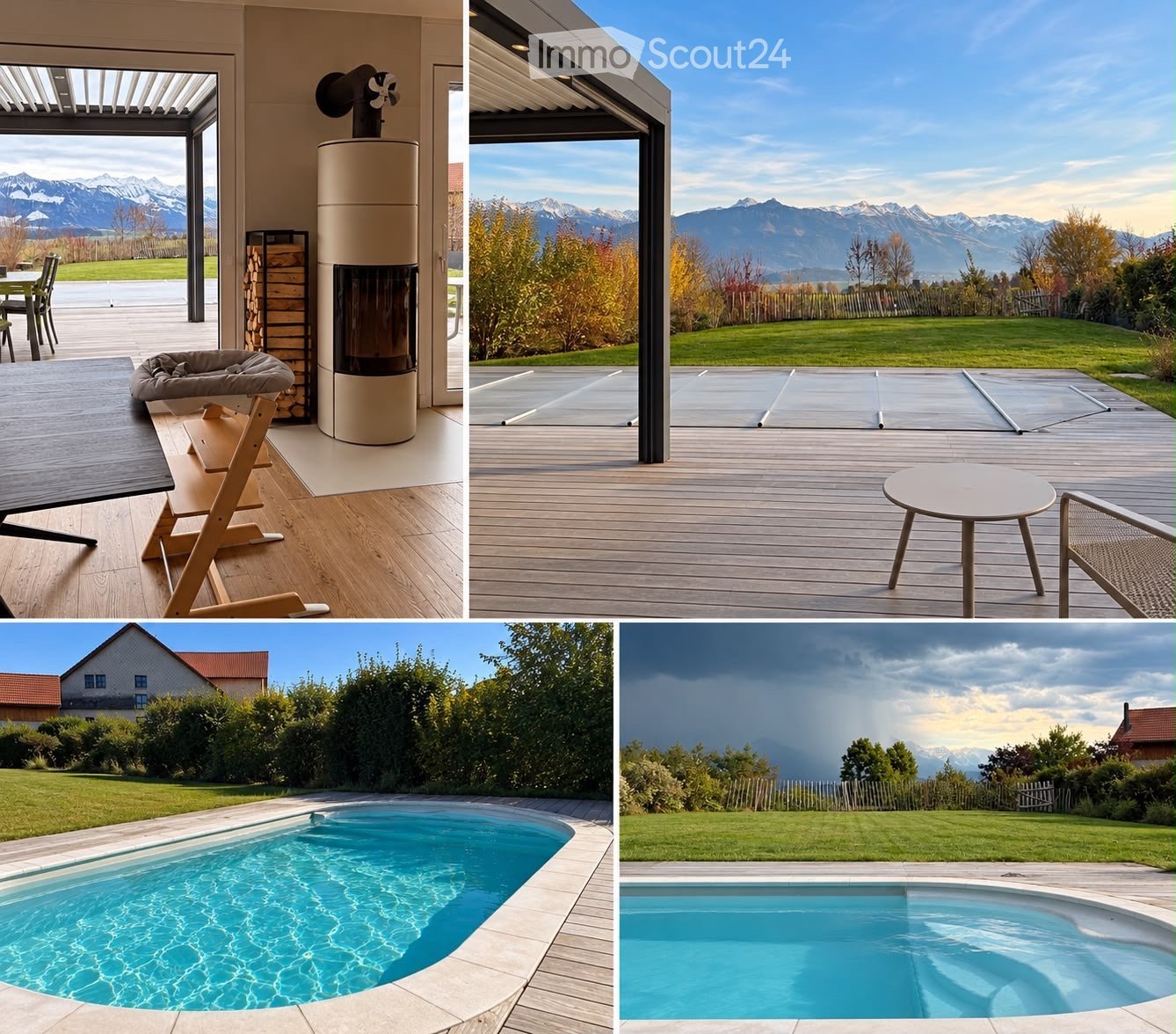 Four images showing a modern outdoor area with a swimming pool, wooden deck, outdoor furniture, and scenic mountain views.