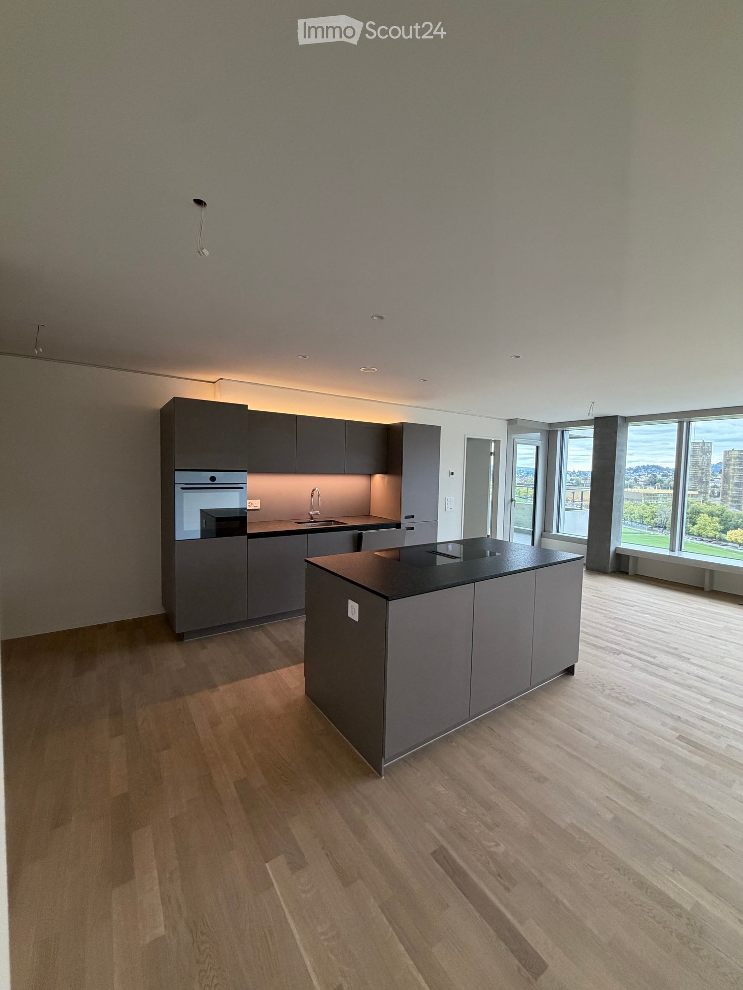 Modern kitchen with grey cabinets, a central island, and a built-in oven. The space features wooden flooring and large windows offering a view of the outdoors.