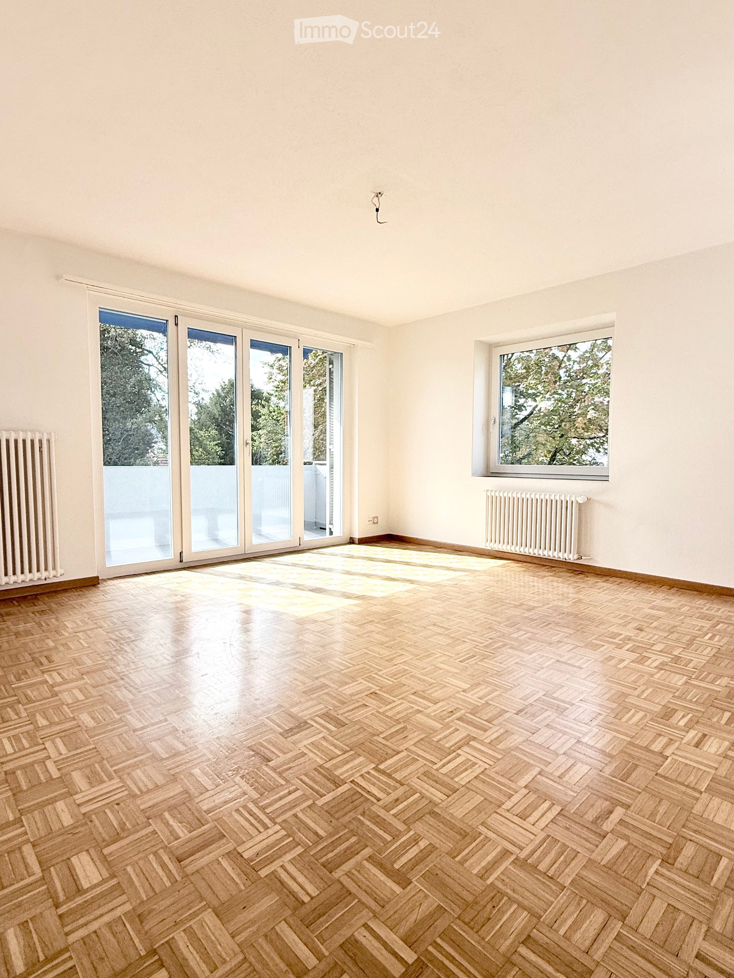 Empty room with wooden herringbone flooring, white walls, large windows, and radiators. No furniture or equipment present.