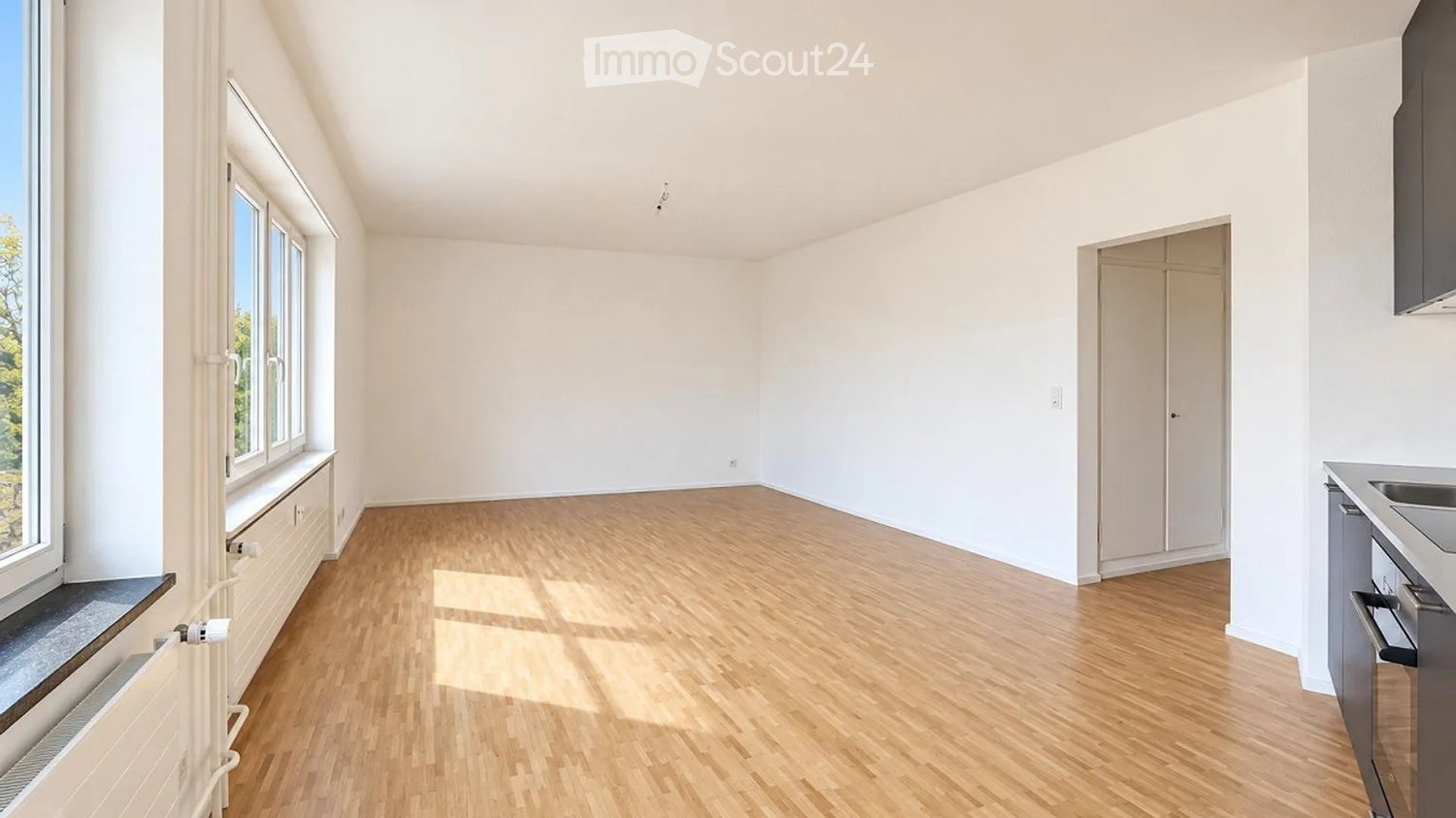 Empty room with wooden flooring, white walls, large windows, and a small kitchen area with a sink and cabinets.