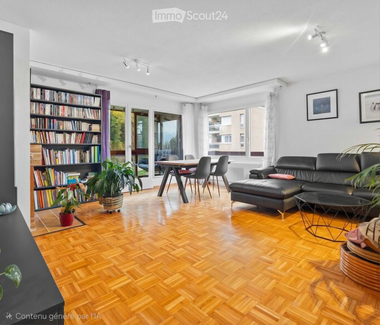 Living room with wooden herringbone flooring, large windows, a black leather sofa, a coffee table, a dining table with chairs, a bookshelf, and potted plants.