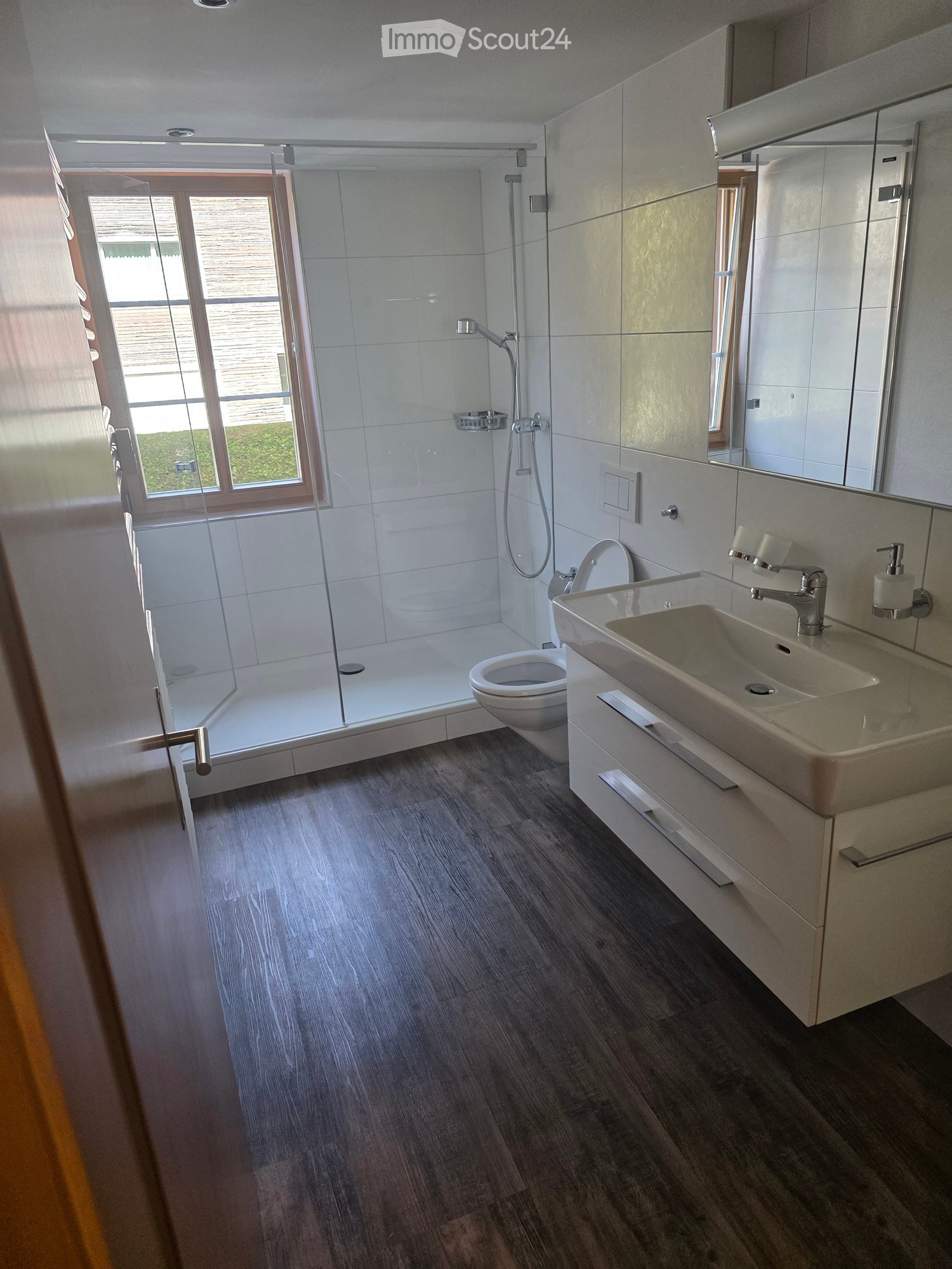 Modern bathroom with wooden flooring, a large sink with a modern faucet, a toilet, a glass-enclosed shower, and a large mirror above the sink.