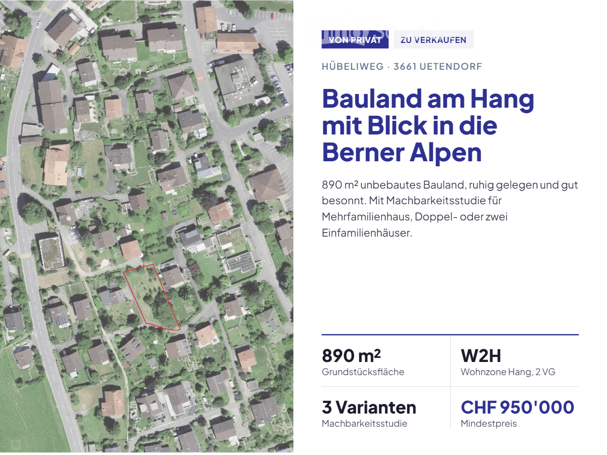 Aerial view of a residential area showing multiple houses, roads, and green spaces. A highlighted plot of land is marked in red, indicating a potential building site.