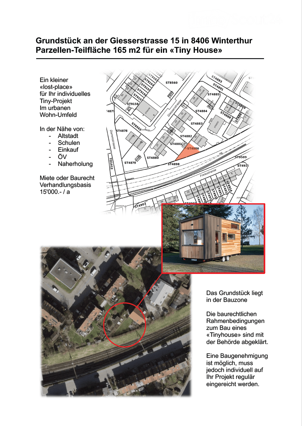 Floor plan of a 165 m2 plot at Giesserstrasse 15 in 8406 Winterthur, showing location and zoning details for a potential tiny house project.