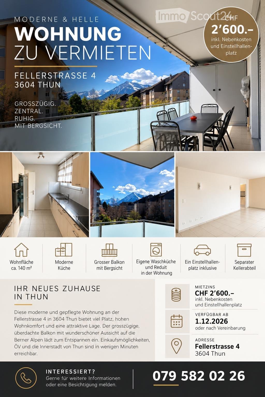 Modern apartment with a large balcony offering mountain views, equipped with a dining table and chairs.
