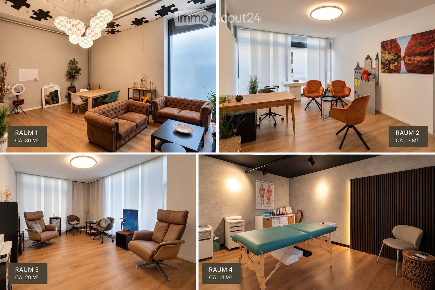 Four furnished rooms: RAUM 1 (30 m²) with a brown sofa, coffee table, dining table, chairs, and a mirror; RAUM 2 (17 m²) with a desk, office chair, and two armchairs; RAUM 3 (20 m²) with multiple leather chairs and a small table; RAUM 4 (14 m²) with a mas