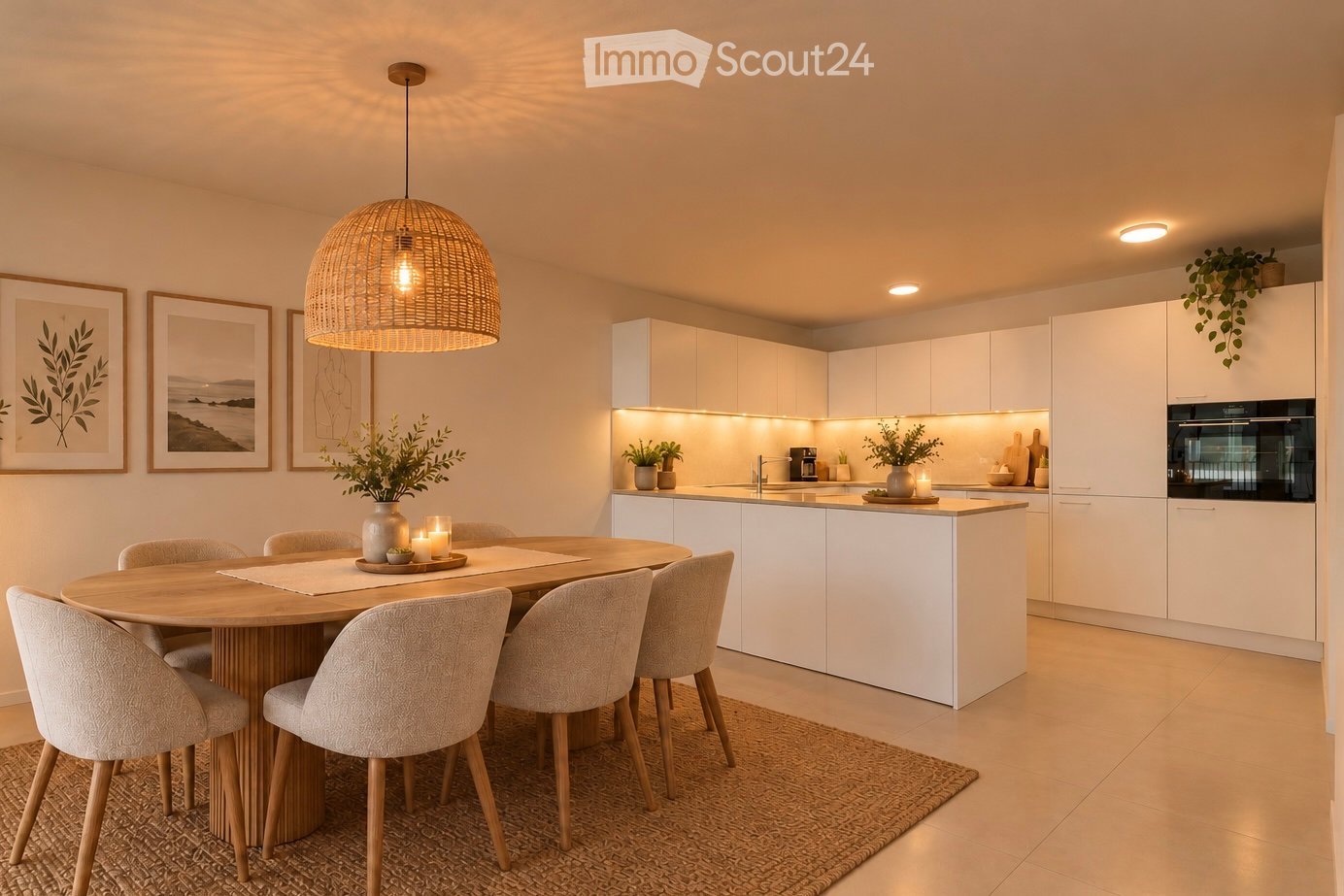 Modern kitchen with white cabinets, a central island, and a round wooden dining table surrounded by six chairs. Features include a woven pendant light, framed artwork, potted plants, and built-in appliances.