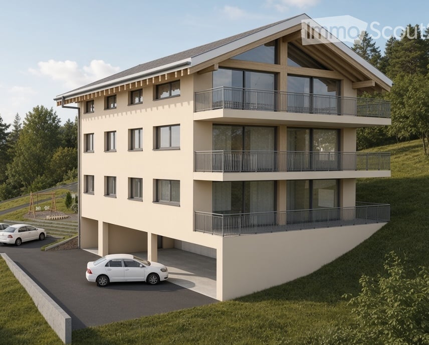 Modern multi-story building with balconies, garage, and parking area.