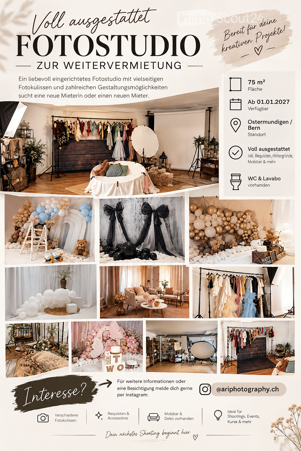 A fully furnished photo studio with various setups including a round table with a white cloth, balloons, plants, a clothing rack, and a sofa.