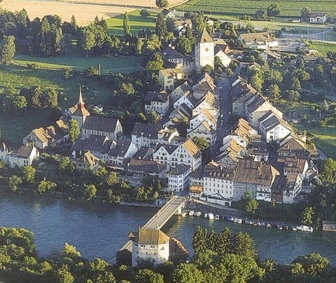 Aerial view of a small European village with traditional houses, a church tower, and a river running through it.