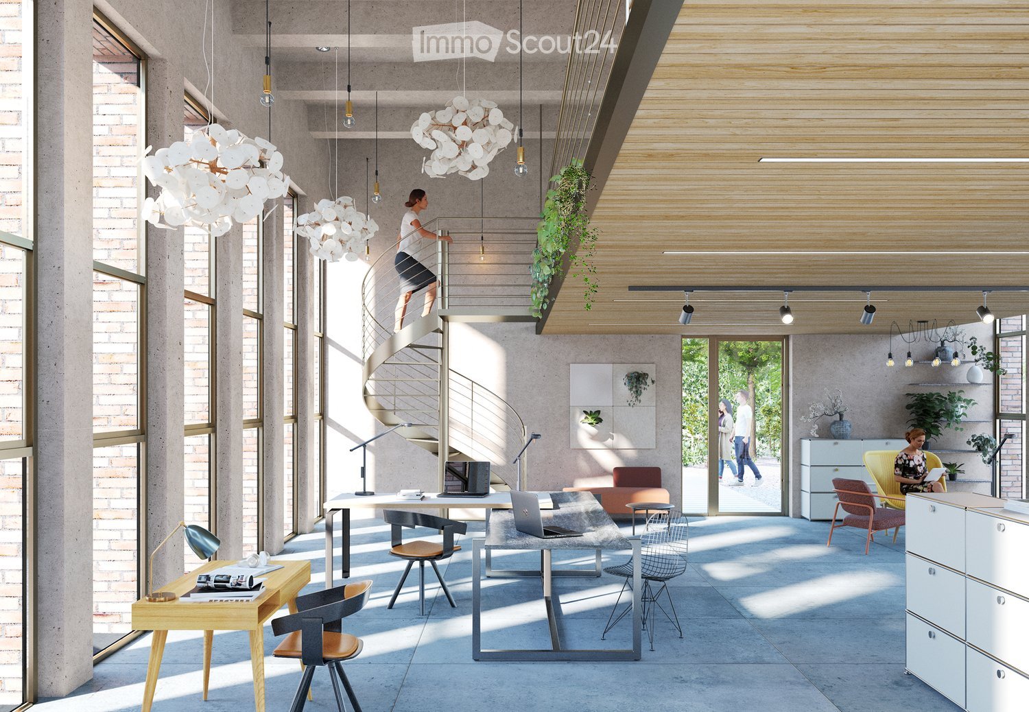 Modern, open-plan office space with large windows, concrete floors, and wooden accents. Features include a spiral staircase, pendant lights, desks with chairs, a sofa, and various decorative items.