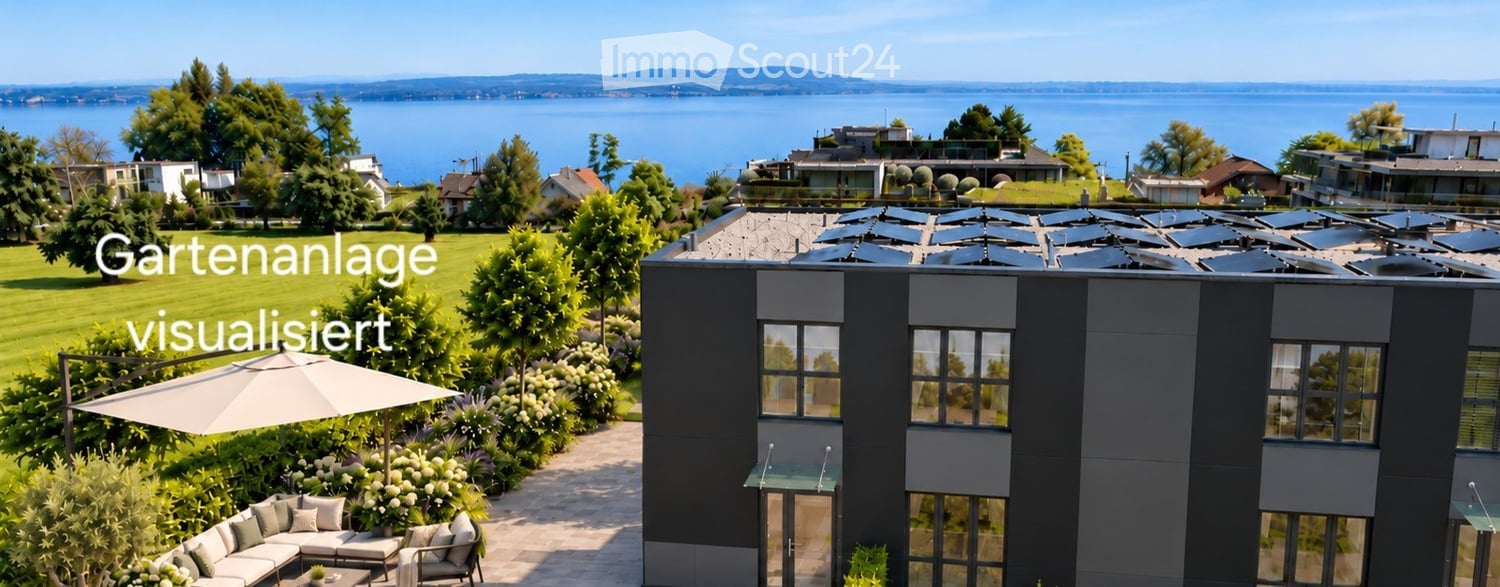 Garden area with a modern house, large umbrella, sofa, and a scenic lake view in the background.