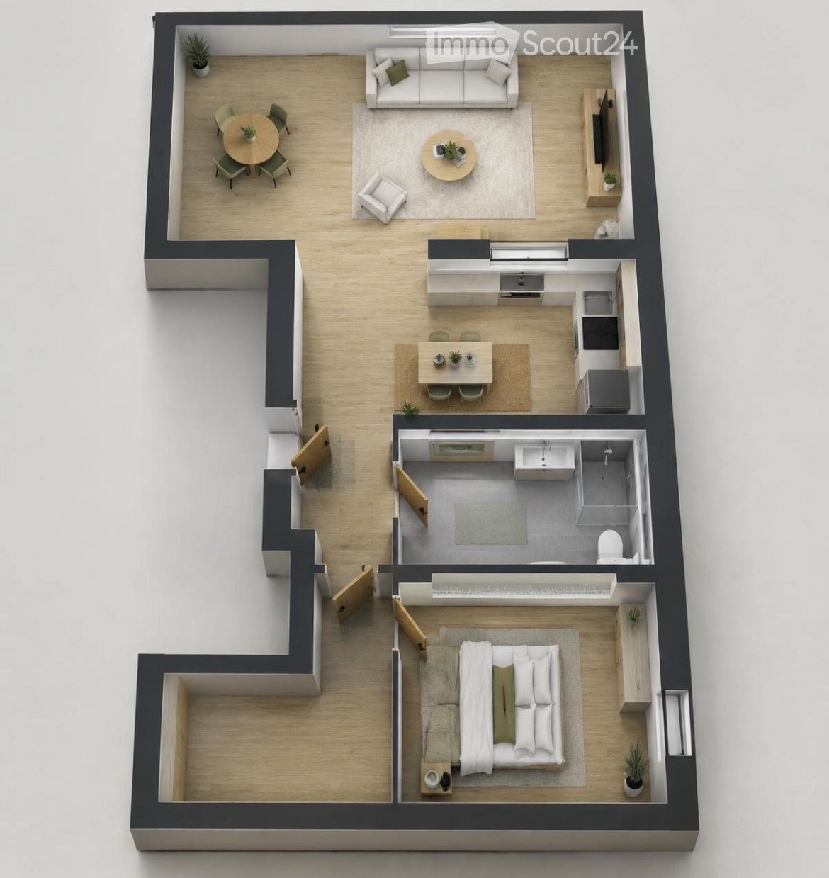 Layout of a modern apartment featuring a living room, dining area, kitchen, bedroom, and bathroom. Includes a sofa, dining table, kitchen cabinets, and a bed.