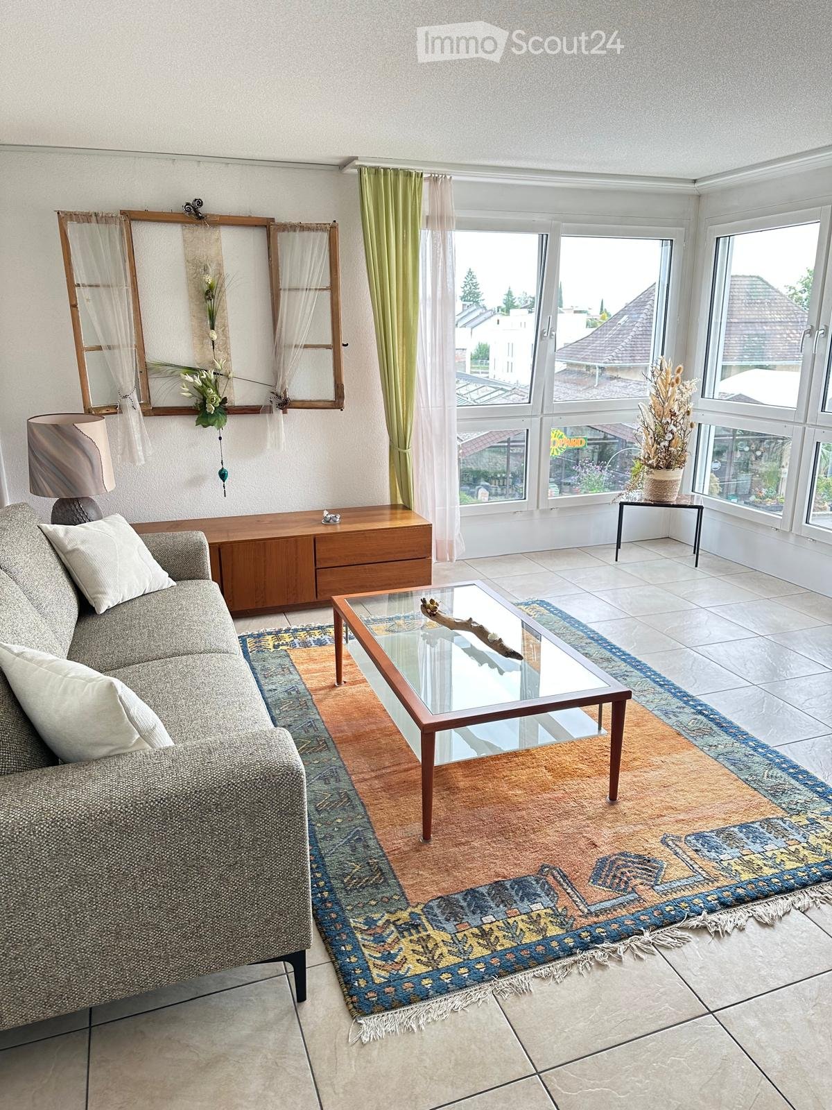 Bright living room with large windows, a grey sofa, a glass coffee table, a side table with a plant, a wooden cabinet, and a patterned rug.