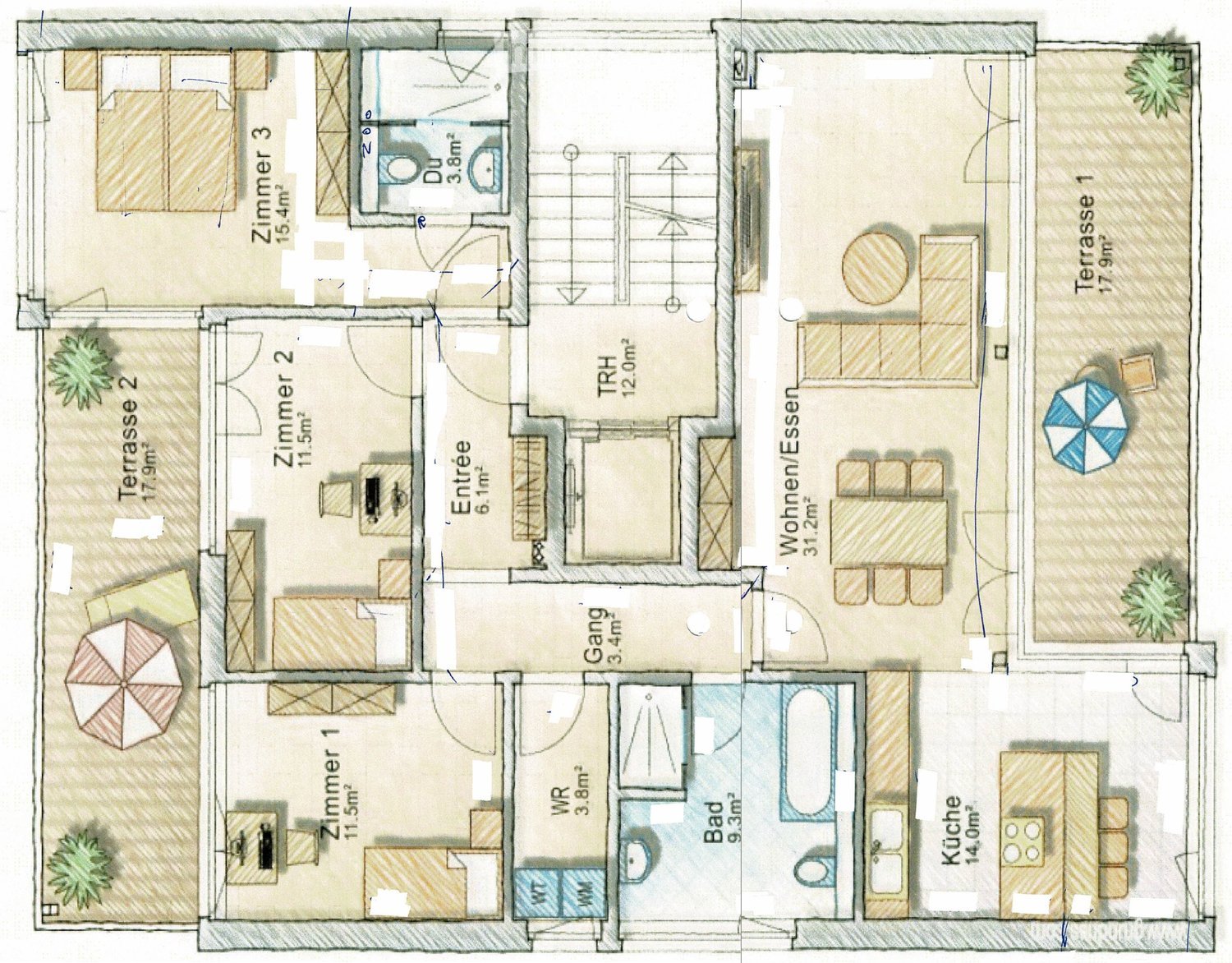 Floor plan showing a living area, kitchen, three bedrooms, two bathrooms, and three terraces.