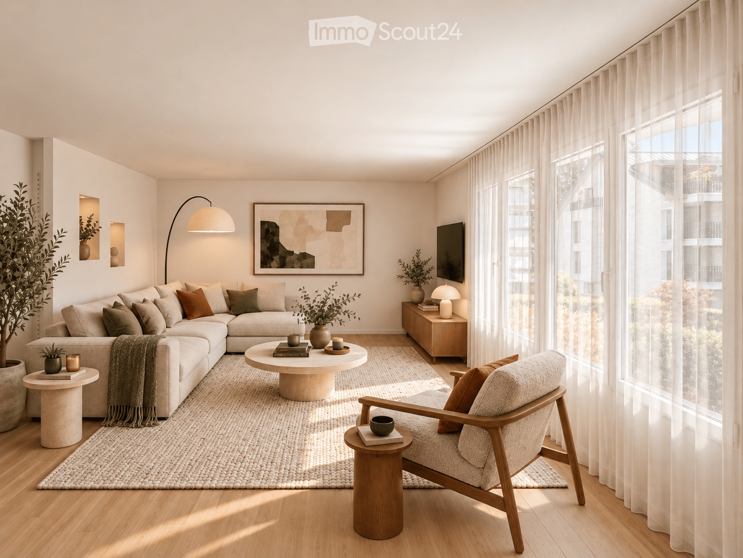 Modern living room with large windows, light-colored sofa, coffee table, armchair, side table, floor lamp, table lamp, television, and decorative plants.