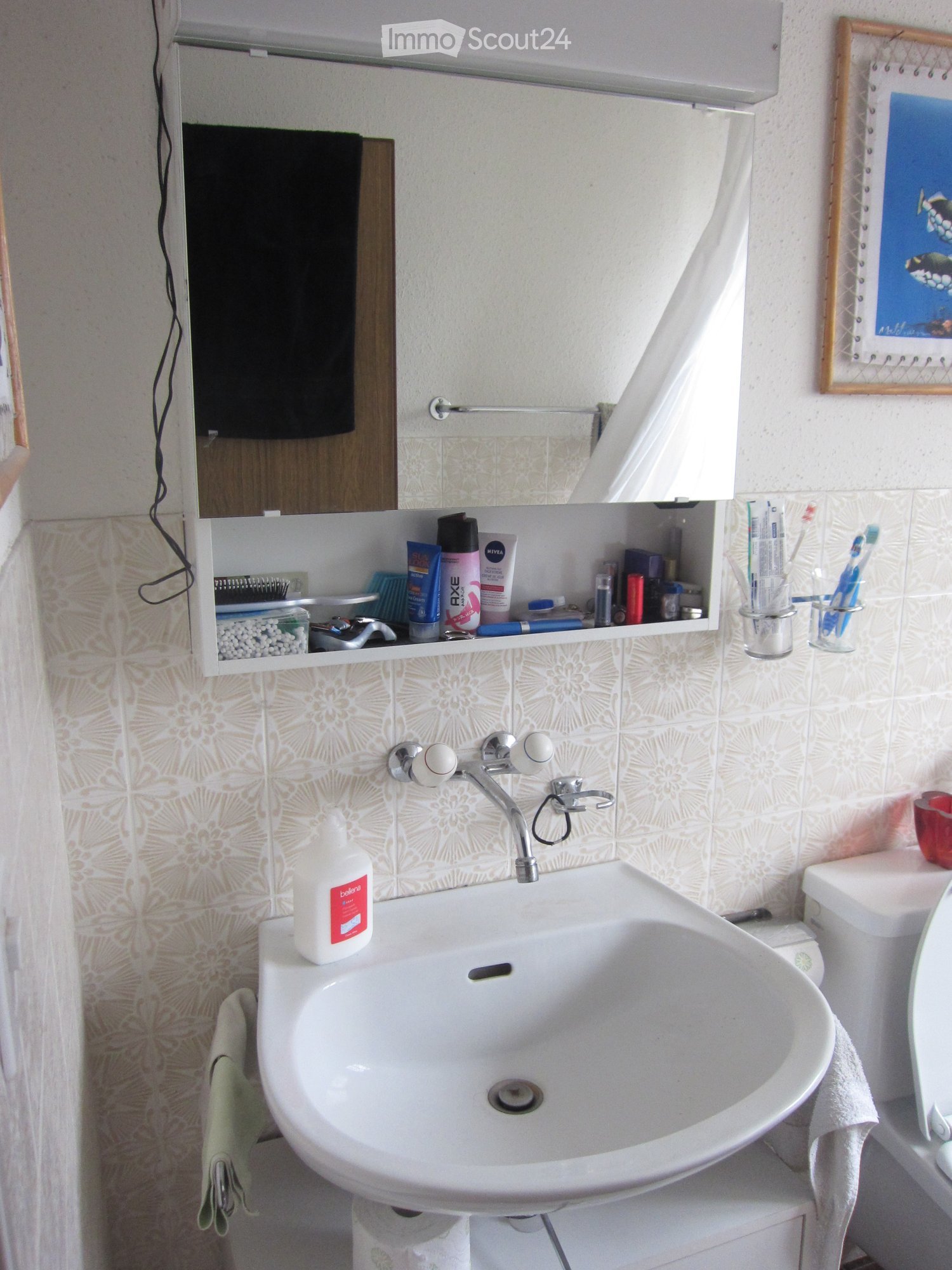 Bathroom with a white sink, faucet, mirror, and various toiletries on shelves. A towel hangs on the side, and a toilet is partially visible.