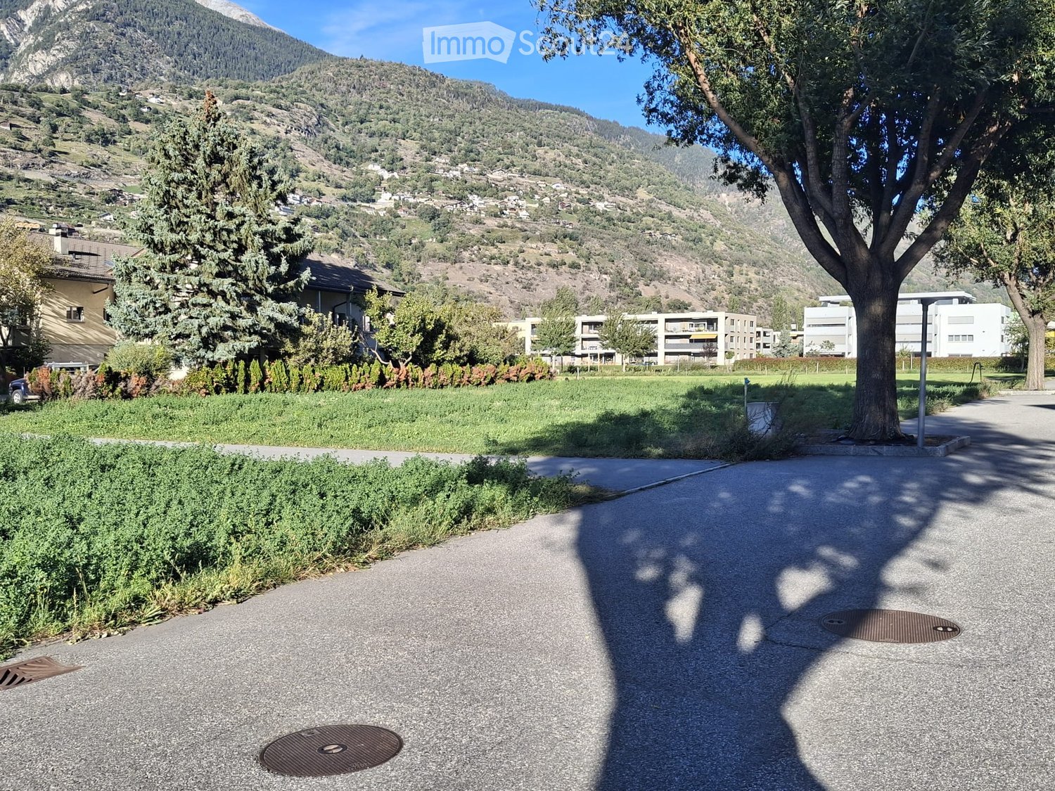 A paved pathway lined with greenery and trees, leading to a grassy area with buildings and a mountainous backdrop.