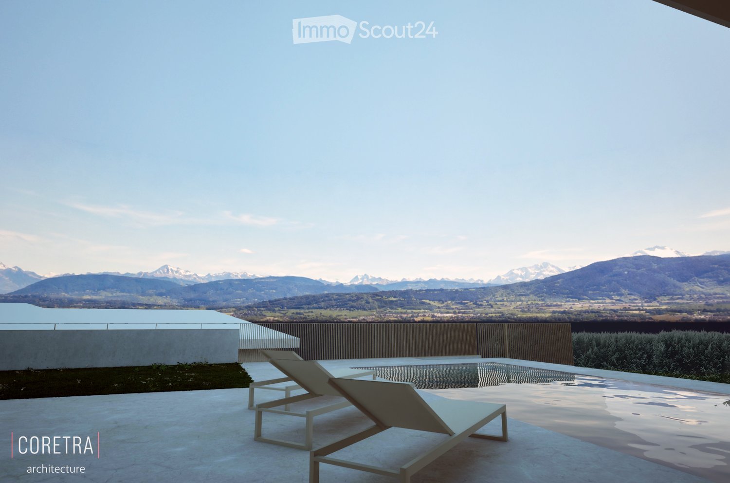 Modern rooftop terrace with sun loungers, expansive mountain and lake view, minimalist design with concrete surfaces and low barriers.