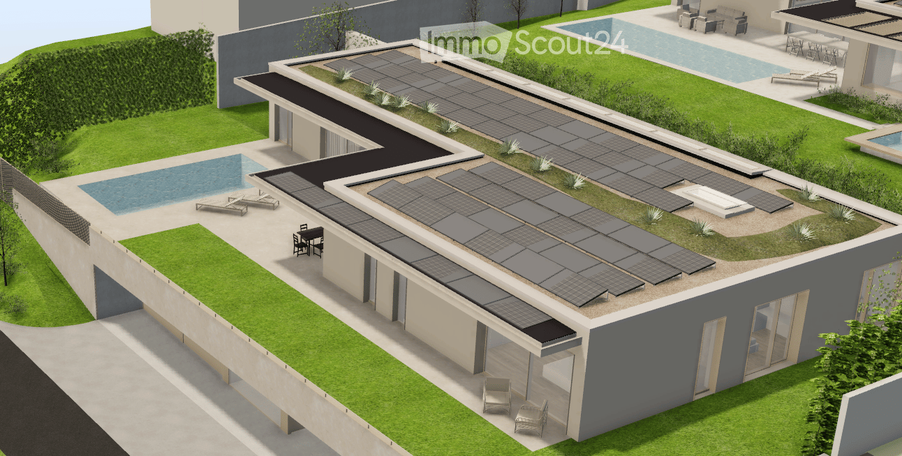 Modern house with a rooftop terrace featuring solar panels, a swimming pool, and outdoor seating areas.