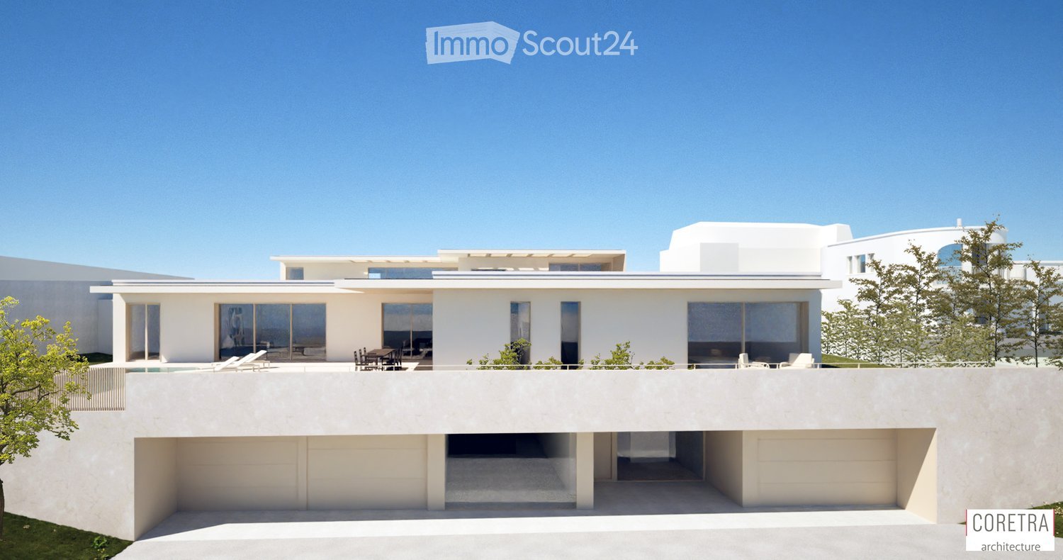 Modern two-story house with white exterior, large windows, garage, and swimming pool on the rooftop terrace.