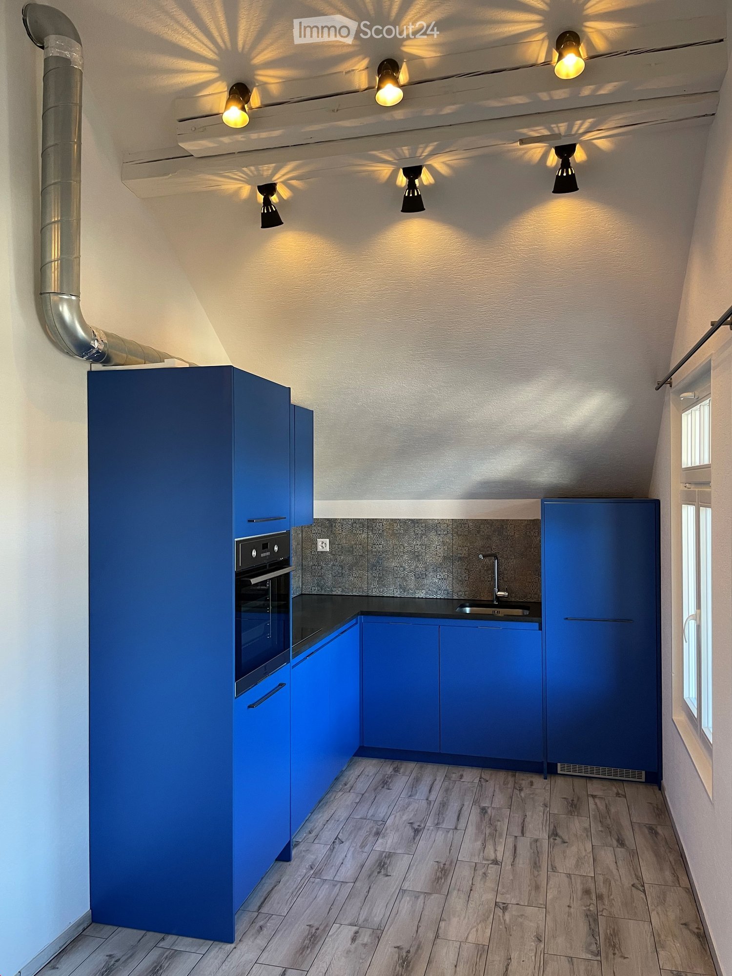 Modern kitchen with blue cabinets, wooden flooring, and stainless steel appliances including an oven and sink.
