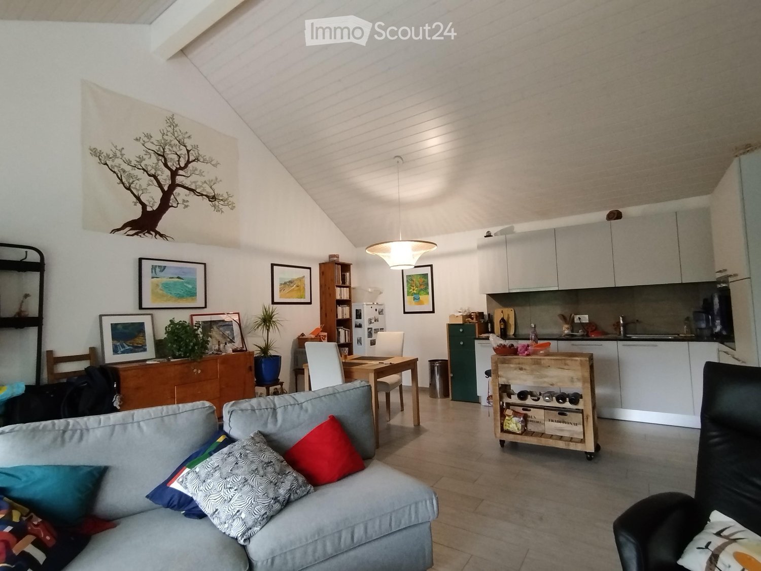 Open-plan living and dining area with a grey sofa, wooden dining table, white chairs, kitchen area with cabinets and appliances, and decorative items including framed pictures and a potted plant.