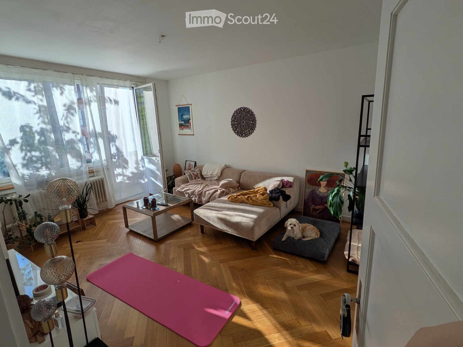Bright living room with wooden flooring, large windows, a beige sofa with cushions and blankets, a glass coffee table, a yoga mat, a dog bed with a small dog, and decorative items including lamps and artwork.