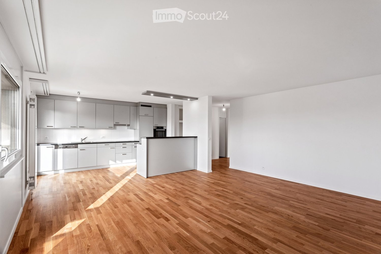 Empty room with light wooden flooring, white walls, and a modern kitchen area featuring grey cabinets, a sink, and built-in appliances.
