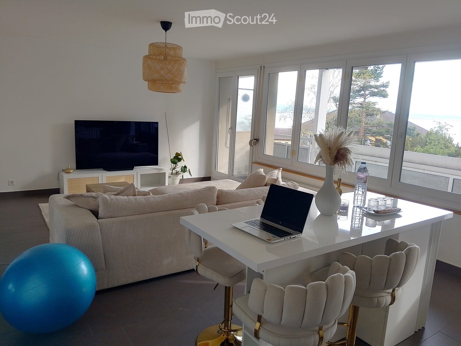 Bright living room with large windows offering a scenic view, featuring a beige sofa, a white coffee table with a laptop, a blue exercise ball, and decorative items including a vase and a pendant light.