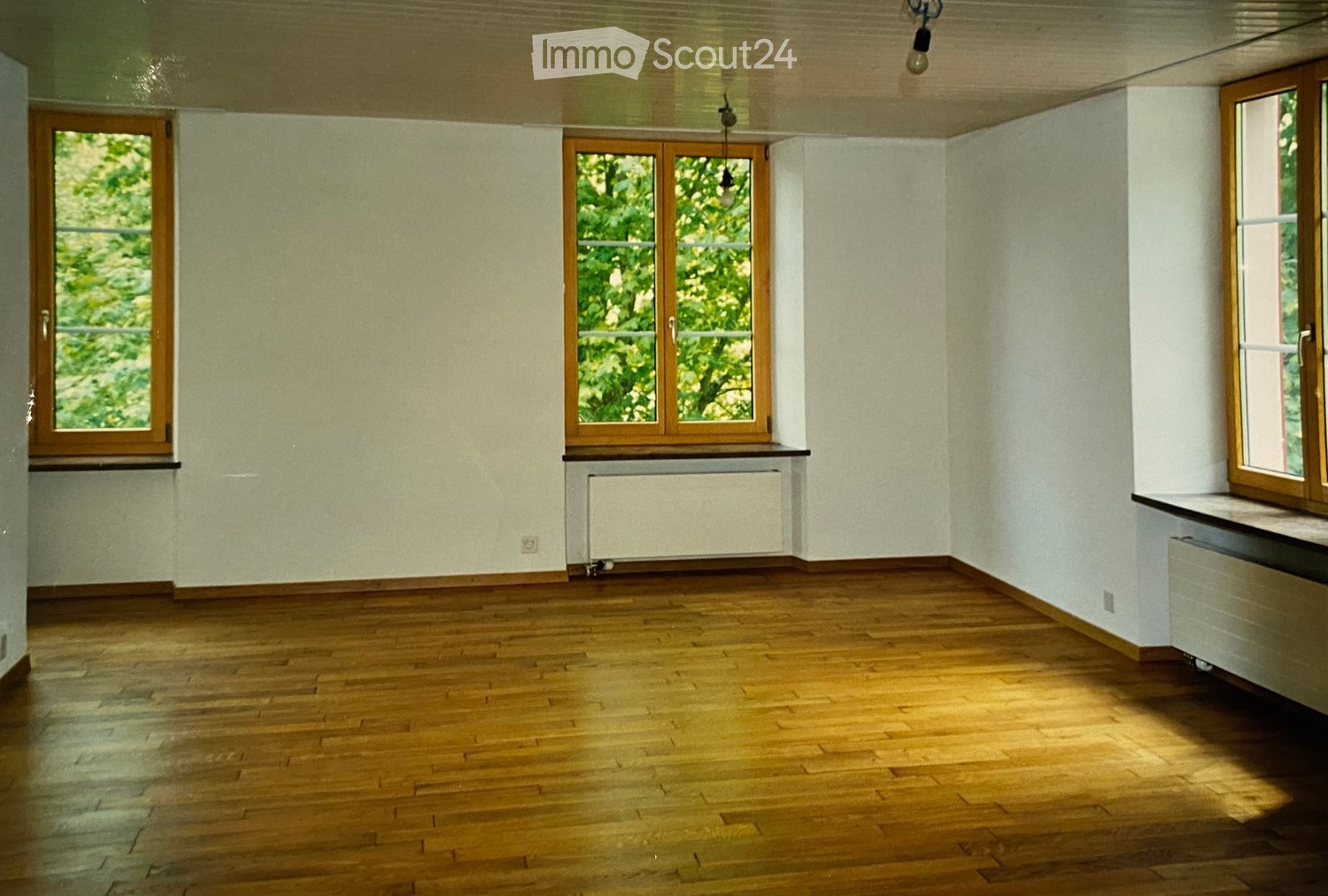 Empty room with wooden flooring, white walls, and multiple windows with wooden frames. Radiators are visible beneath the windows.