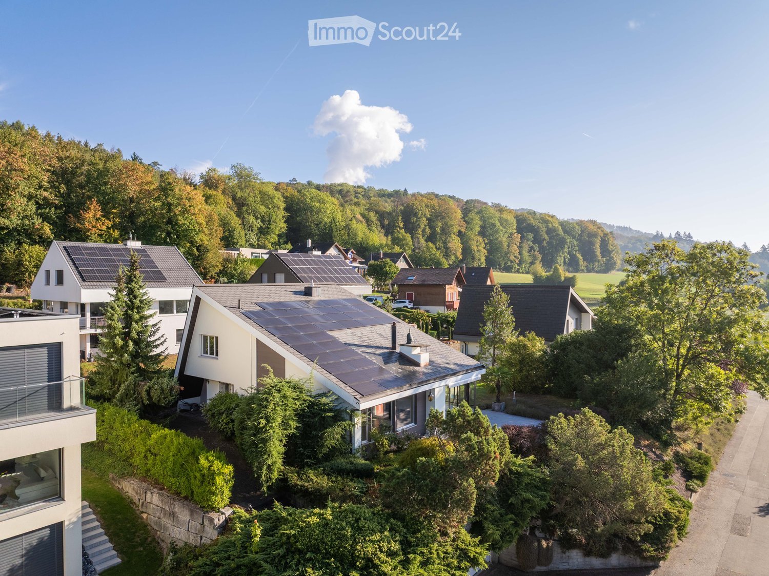 Aerial view of a modern residential area with multiple houses, solar panels on roofs, and lush greenery.