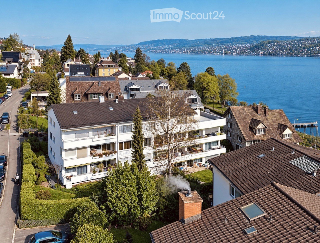 Aerial view of a residential area with multiple houses, surrounded by greenery and overlooking a lake and distant mountains.