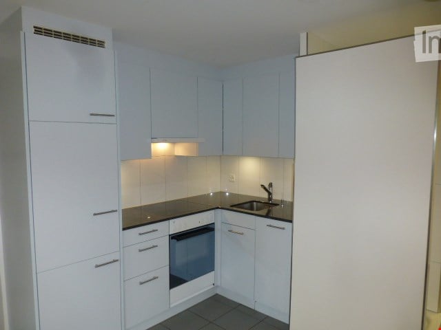 Modern kitchen with white cabinets, black countertops, and built-in appliances including an oven and sink.