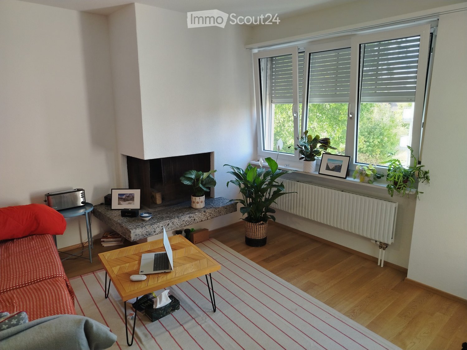Modern living room with a red sofa, wooden coffee table, fireplace, and large windows with plants on the windowsill.