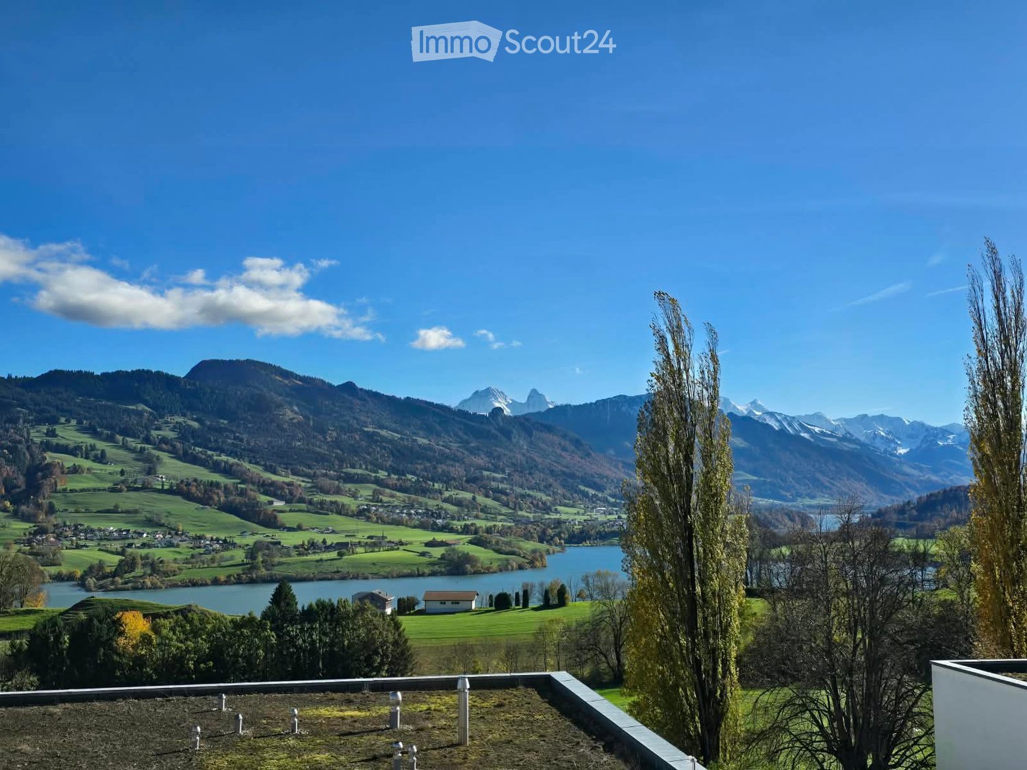A panoramic view from a rooftop terrace overlooking a serene lake, surrounded by lush green fields and distant snow-capped mountains under a clear blue sky.