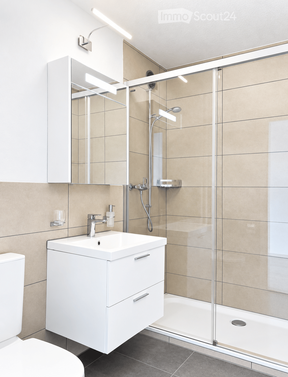 Modern bathroom with a white sink, faucet, mirror, cabinet, toilet, and a glass-enclosed shower with a modern showerhead.
