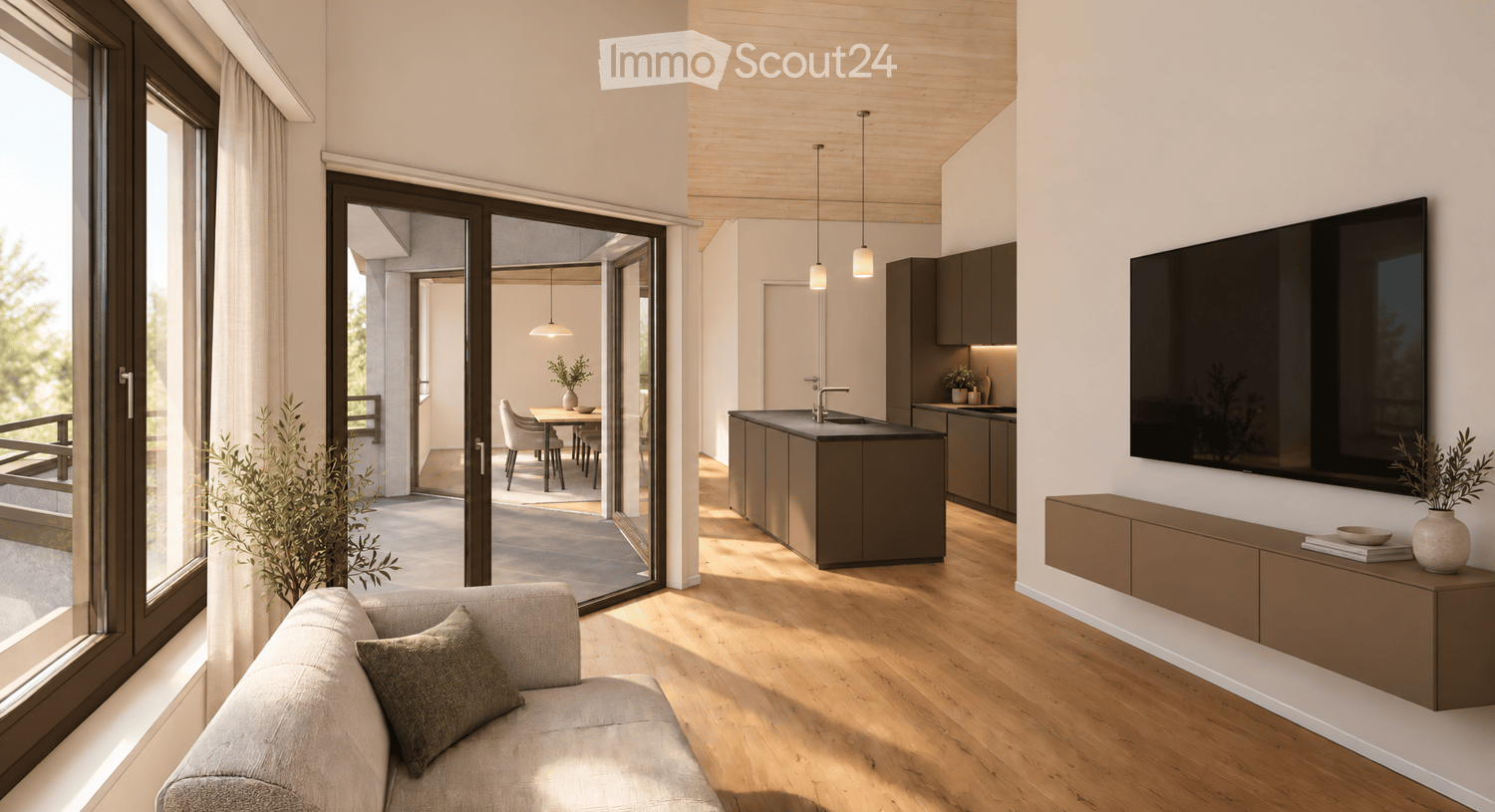 Modern living and dining area with a grey sofa, coffee table, flat-screen TV, kitchen island, dining table with chairs, pendant lights, and decorative vases.