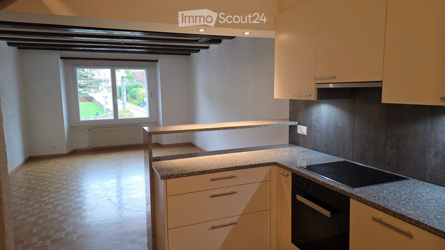 Modern kitchen with light-colored cabinets, granite countertops, and built-in appliances including an oven and stove. The space features a large window with a view of a green area outside.