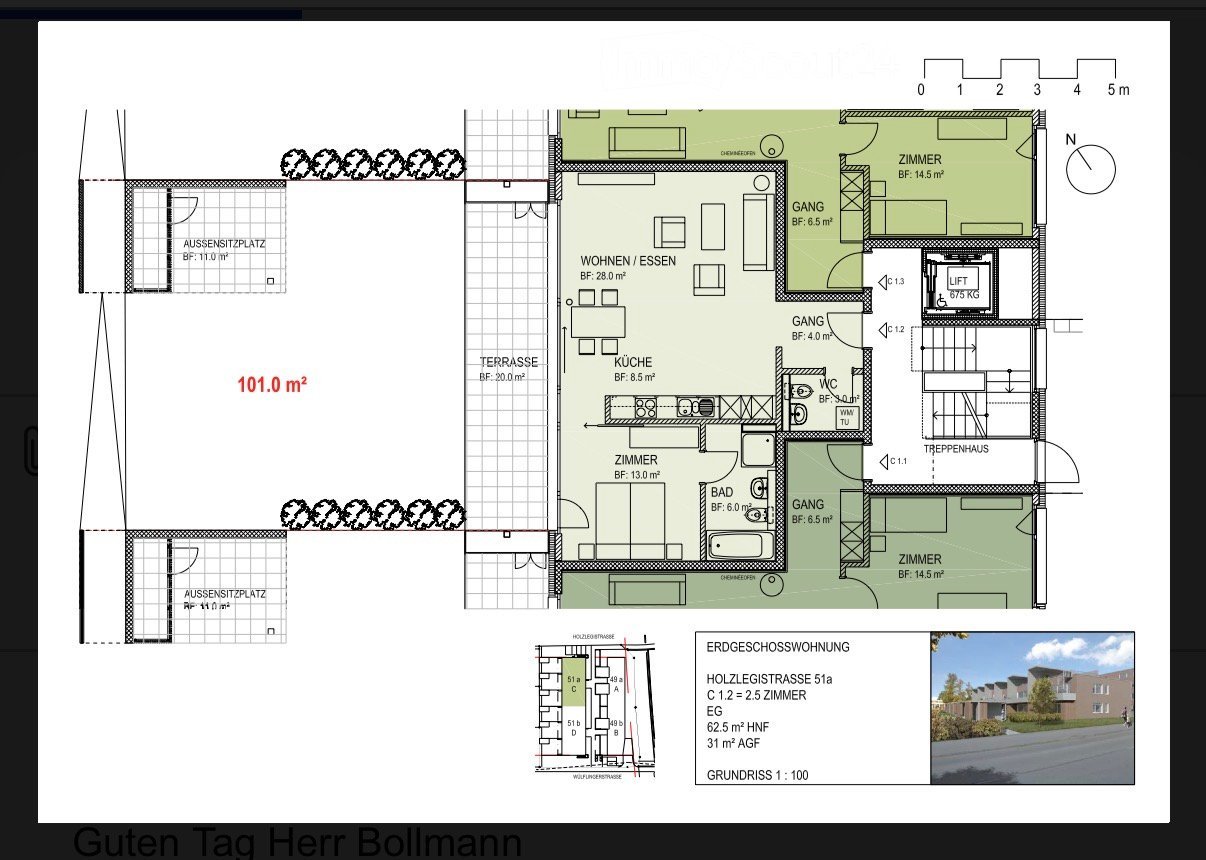 Floor plan of a ground-floor apartment with 2.5 rooms, including living/dining area, kitchen, bedroom, bathroom, hallway, and balcony.