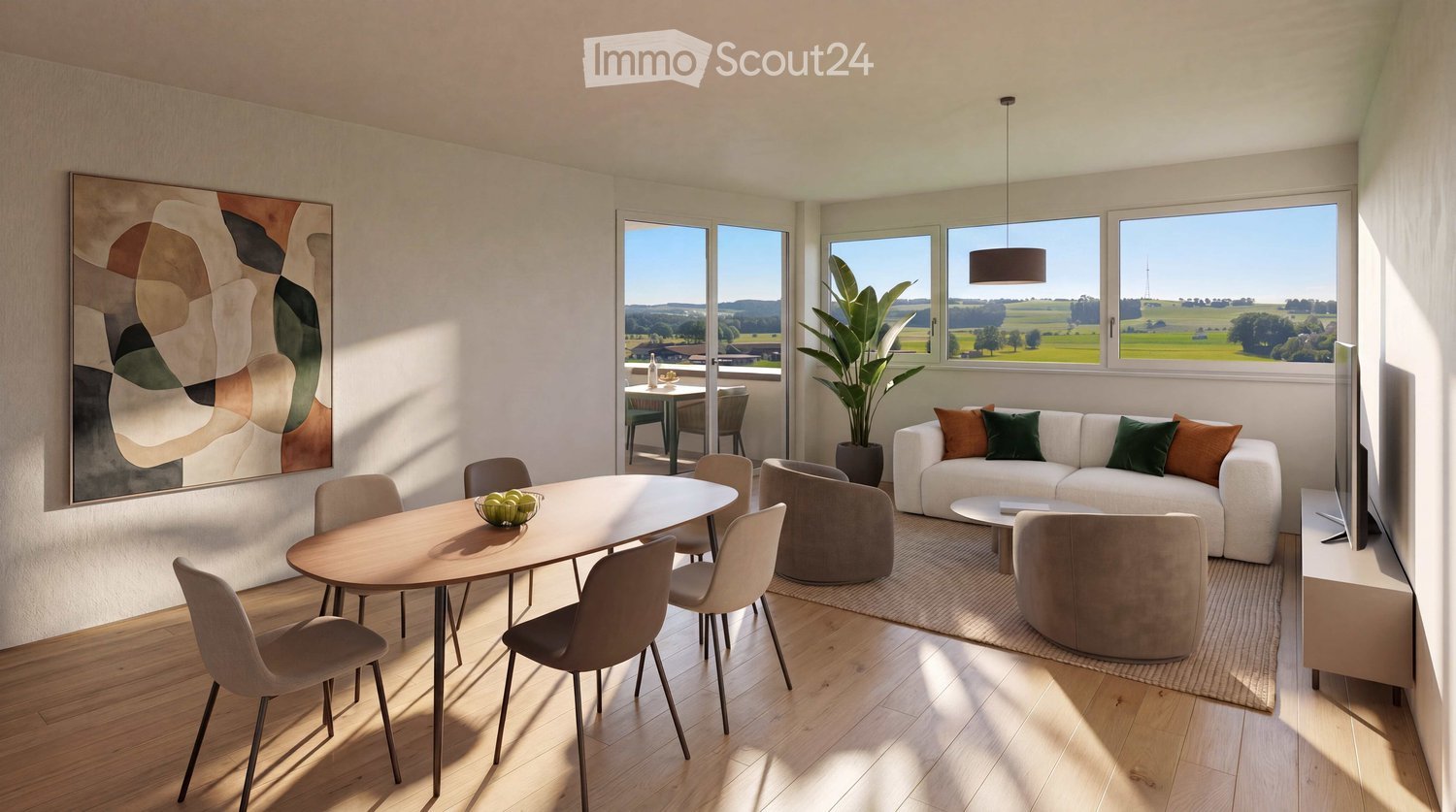 Modern living room with a white sofa, coffee table, dining table, chairs, and a large window offering a scenic view of the countryside.