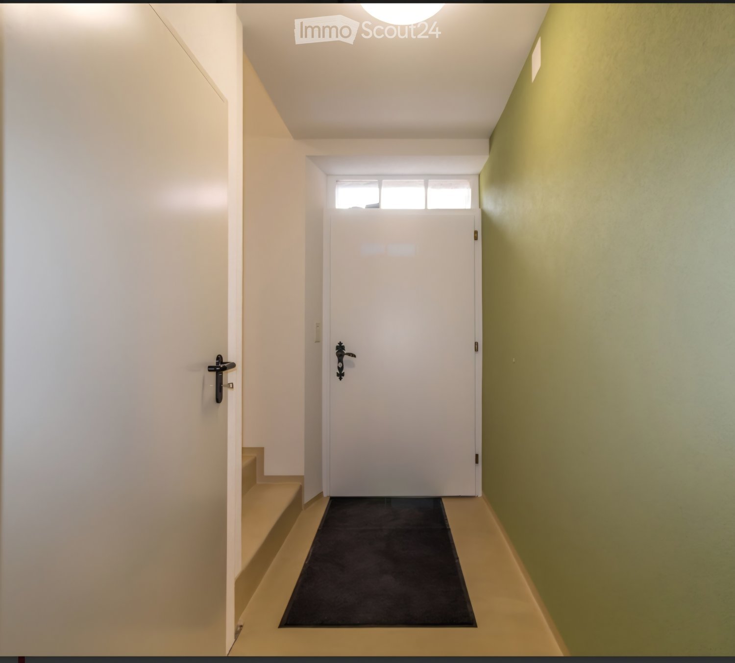 A narrow hallway with light-colored walls, a black runner rug, and a white door at the end. The ceiling has a skylight window, and there is a small step leading up to the door.